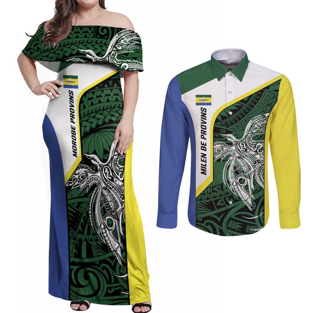 Personalised PNG Morobe Province Couples Matching Off Shoulder Maxi Dress and Long Sleeve Button Shirt Bird of Paradise Tattoo Flag Motif - Polynesian Pride