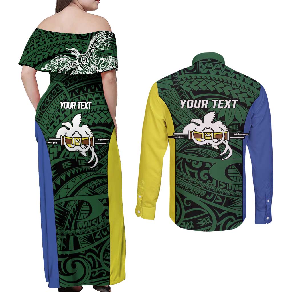 Personalised PNG Morobe Province Couples Matching Off Shoulder Maxi Dress and Long Sleeve Button Shirt Bird of Paradise Tattoo Flag Motif - Polynesian Pride