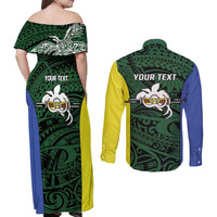 Personalised PNG Morobe Province Couples Matching Off Shoulder Maxi Dress and Long Sleeve Button Shirt Bird of Paradise Tattoo Flag Motif - Polynesian Pride