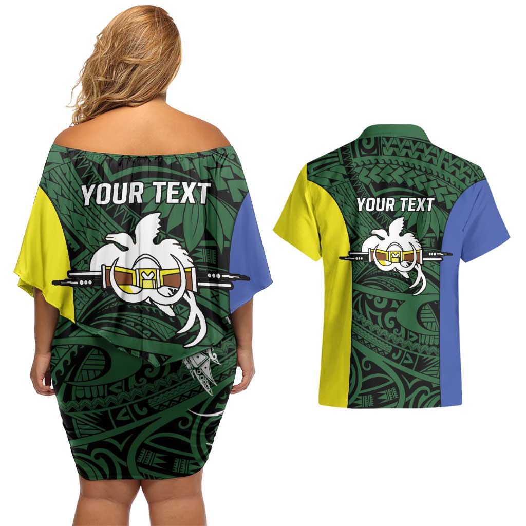 Personalised PNG Morobe Province Couples Matching Off Shoulder Short Dress and Hawaiian Shirt Bird of Paradise Tattoo Flag Motif - Polynesian Pride