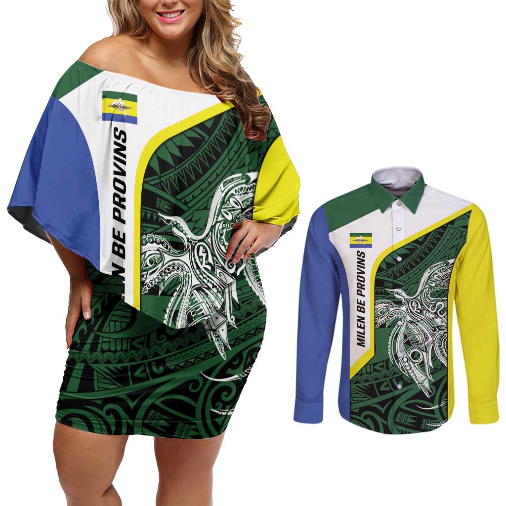 Personalised PNG Morobe Province Couples Matching Off Shoulder Short Dress and Long Sleeve Button Shirt Bird of Paradise Tattoo Flag Motif - Polynesian Pride