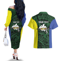 Personalised PNG Morobe Province Couples Matching Off The Shoulder Long Sleeve Dress and Hawaiian Shirt Bird of Paradise Tattoo Flag Motif - Polynesian Pride