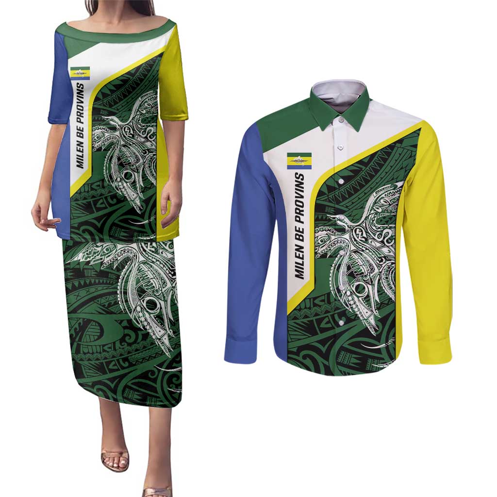 Personalised PNG Morobe Province Couples Matching Puletasi and Long Sleeve Button Shirt Bird of Paradise Tattoo Flag Motif - Polynesian Pride