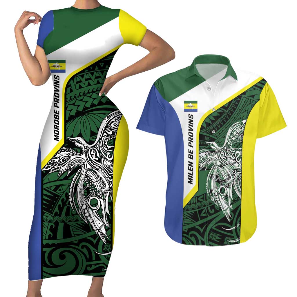 Personalised PNG Morobe Province Couples Matching Short Sleeve Bodycon Dress and Hawaiian Shirt Bird of Paradise Tattoo Flag Motif - Polynesian Pride