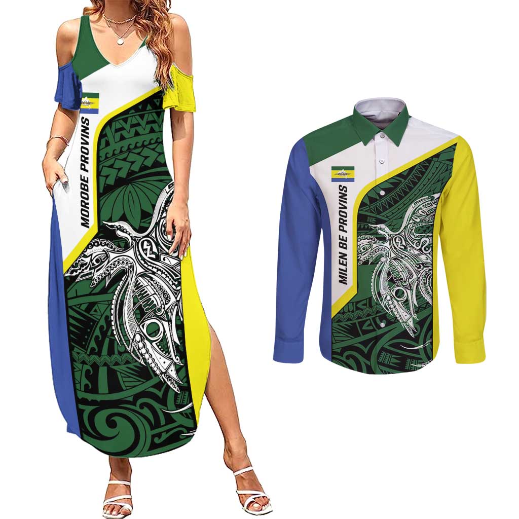 Personalised PNG Morobe Province Couples Matching Summer Maxi Dress and Long Sleeve Button Shirt Bird of Paradise Tattoo Flag Motif - Polynesian Pride