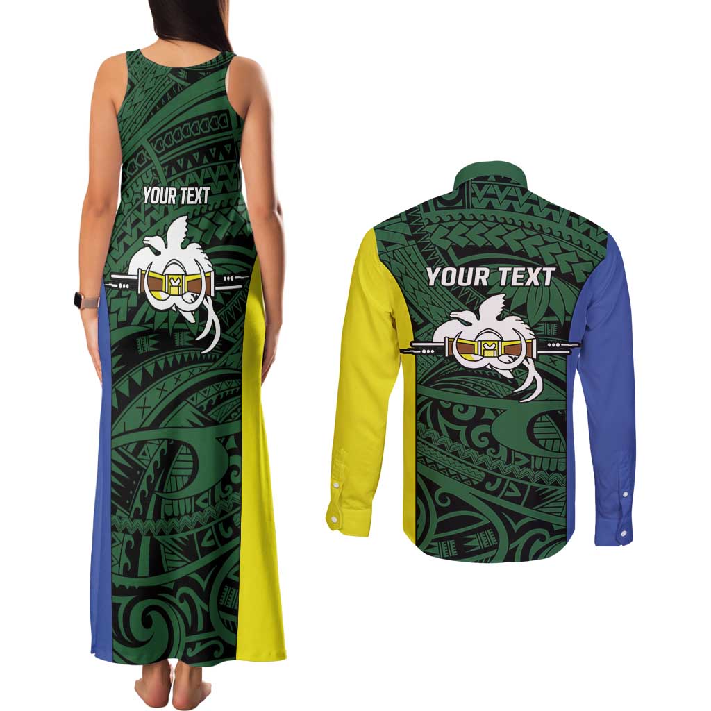 Personalised PNG Morobe Province Couples Matching Tank Maxi Dress and Long Sleeve Button Shirt Bird of Paradise Tattoo Flag Motif - Polynesian Pride