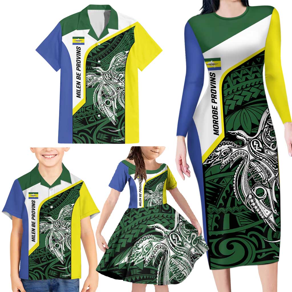 Personalised PNG Morobe Province Family Matching Long Sleeve Bodycon Dress and Hawaiian Shirt Bird of Paradise Tattoo Flag Motif - Polynesian Pride