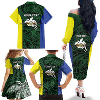 Personalised PNG Morobe Province Family Matching Off The Shoulder Long Sleeve Dress and Hawaiian Shirt Bird of Paradise Tattoo Flag Motif - Polynesian Pride