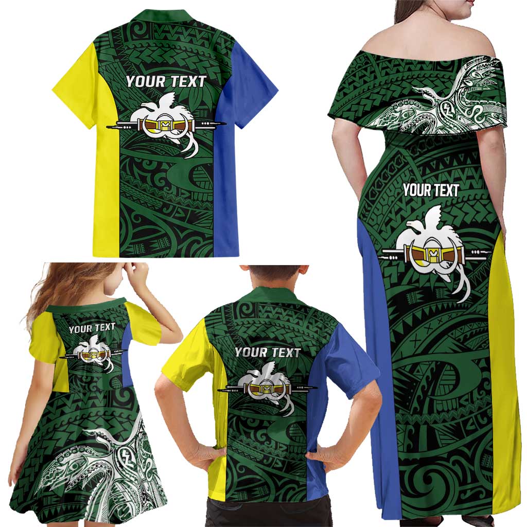 Personalised PNG Morobe Province Family Matching Off Shoulder Maxi Dress and Hawaiian Shirt Bird of Paradise Tattoo Flag Motif - Polynesian Pride