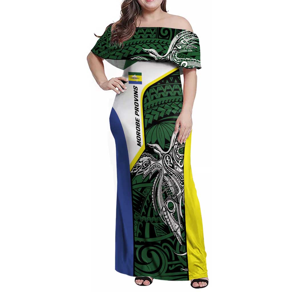 Personalised PNG Morobe Province Family Matching Off Shoulder Maxi Dress and Hawaiian Shirt Bird of Paradise Tattoo Flag Motif - Polynesian Pride