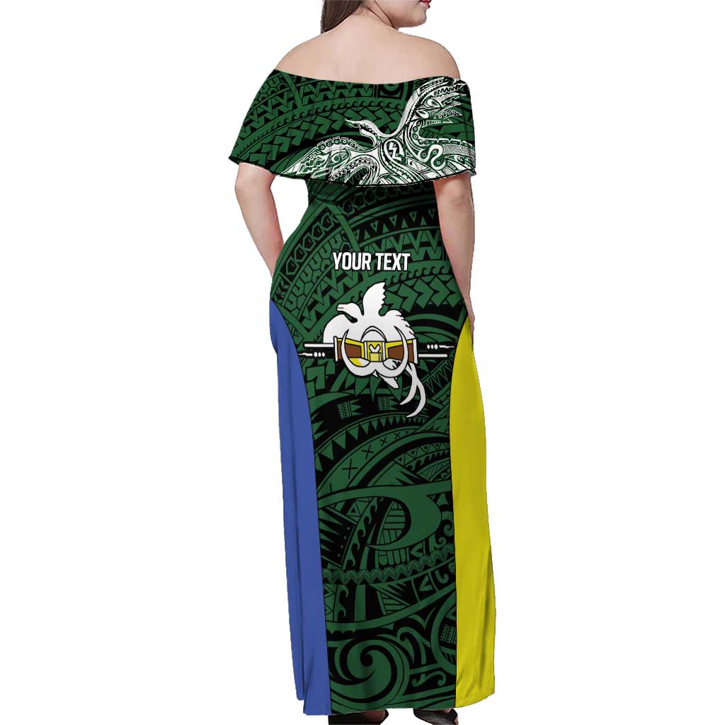 Personalised PNG Morobe Province Family Matching Off Shoulder Maxi Dress and Hawaiian Shirt Bird of Paradise Tattoo Flag Motif - Polynesian Pride