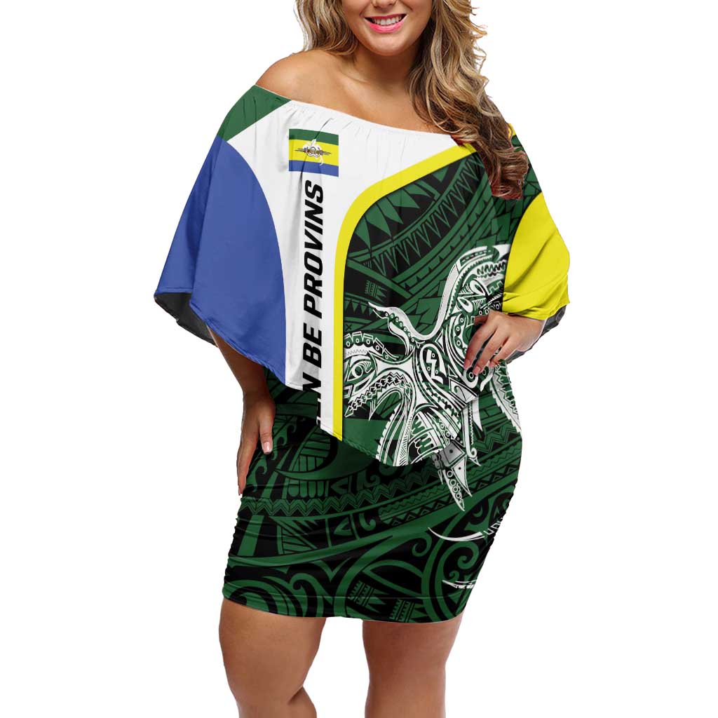 Personalised PNG Morobe Province Family Matching Off Shoulder Short Dress and Hawaiian Shirt Bird of Paradise Tattoo Flag Motif - Polynesian Pride