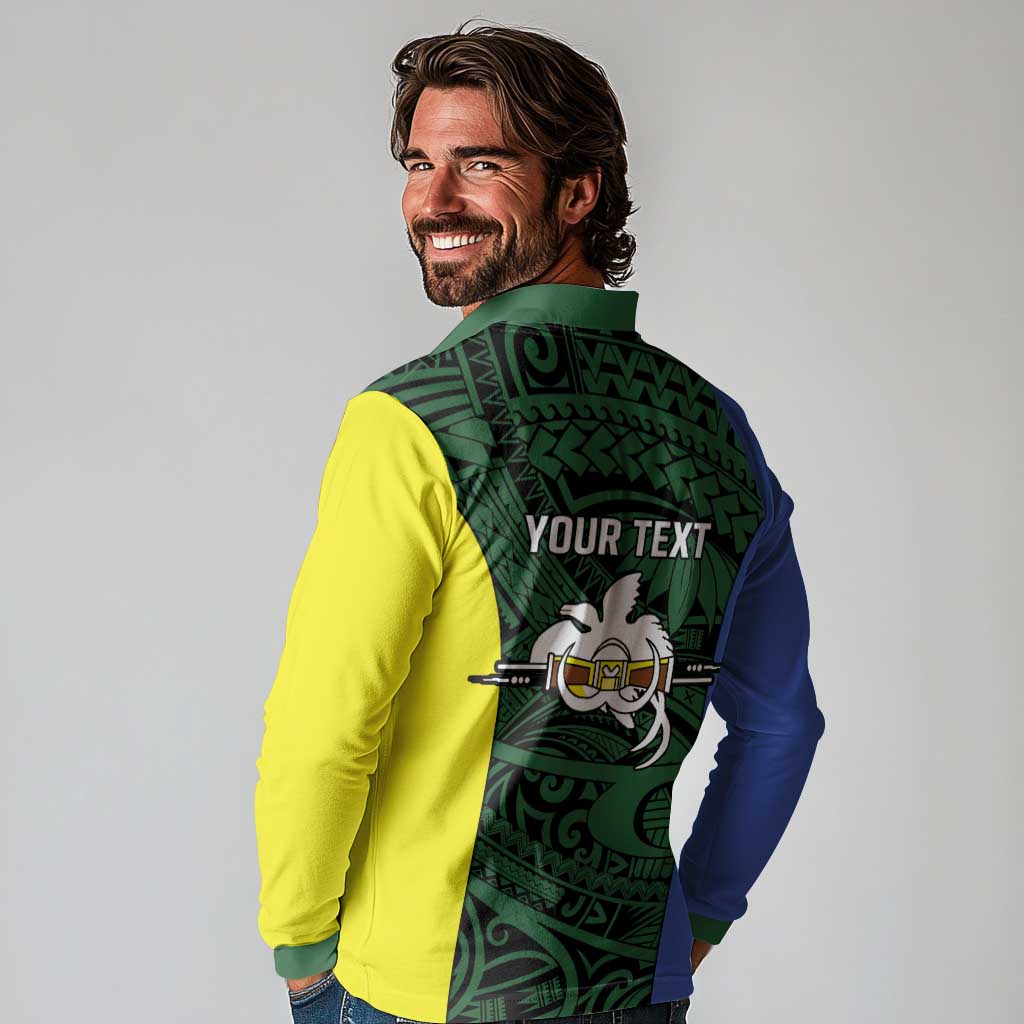 Personalised PNG Morobe Province Long Sleeve Polo Shirt Bird of Paradise Tattoo Flag Motif - Polynesian Pride