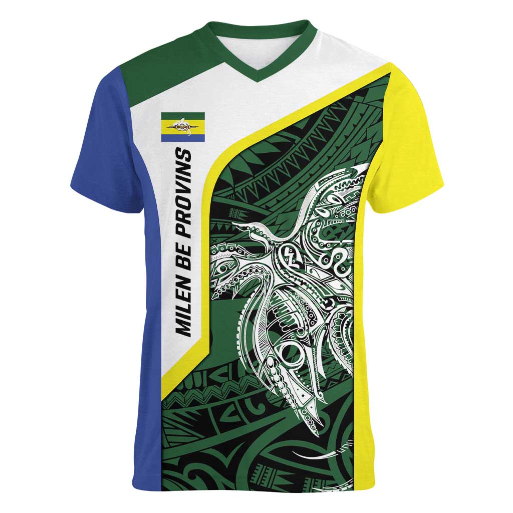 Personalised PNG Morobe Province Women V-Neck T-Shirt Bird of Paradise Tattoo Flag Motif - Polynesian Pride