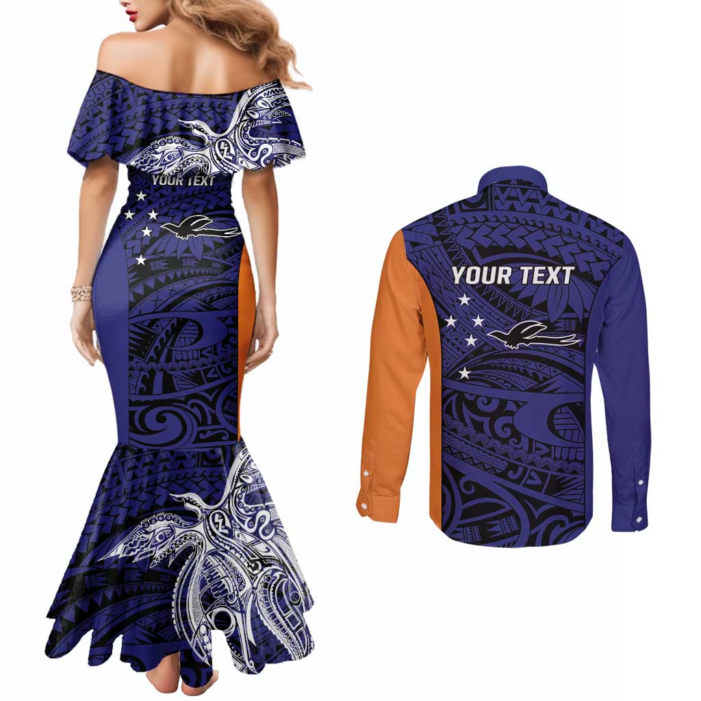 Personalised PNG New Ireland Couples Matching Mermaid Dress and Long Sleeve Button Shirt Bird of Paradise Tattoo Flag Motif - Polynesian Pride