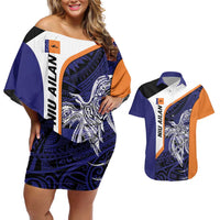 Personalised PNG New Ireland Couples Matching Off Shoulder Short Dress and Hawaiian Shirt Bird of Paradise Tattoo Flag Motif - Polynesian Pride