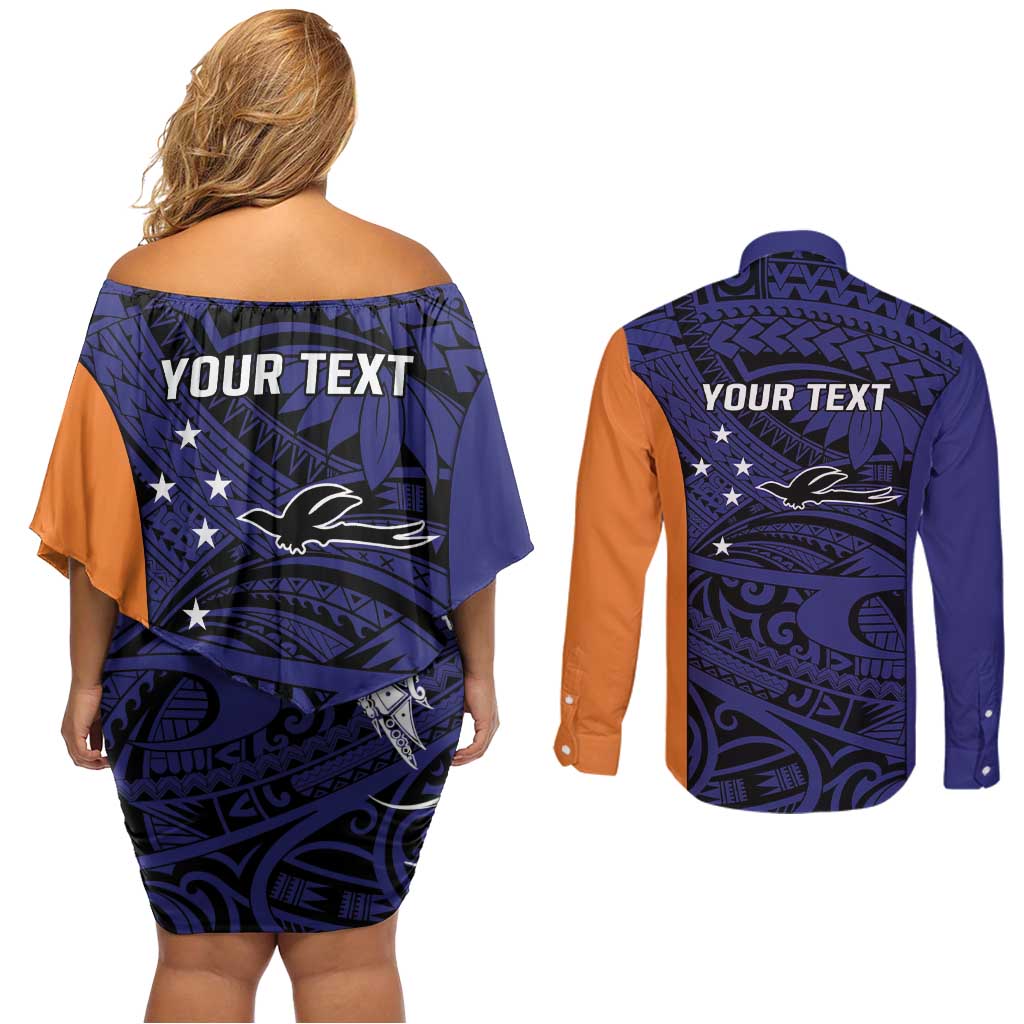 Personalised PNG New Ireland Couples Matching Off Shoulder Short Dress and Long Sleeve Button Shirt Bird of Paradise Tattoo Flag Motif - Polynesian Pride