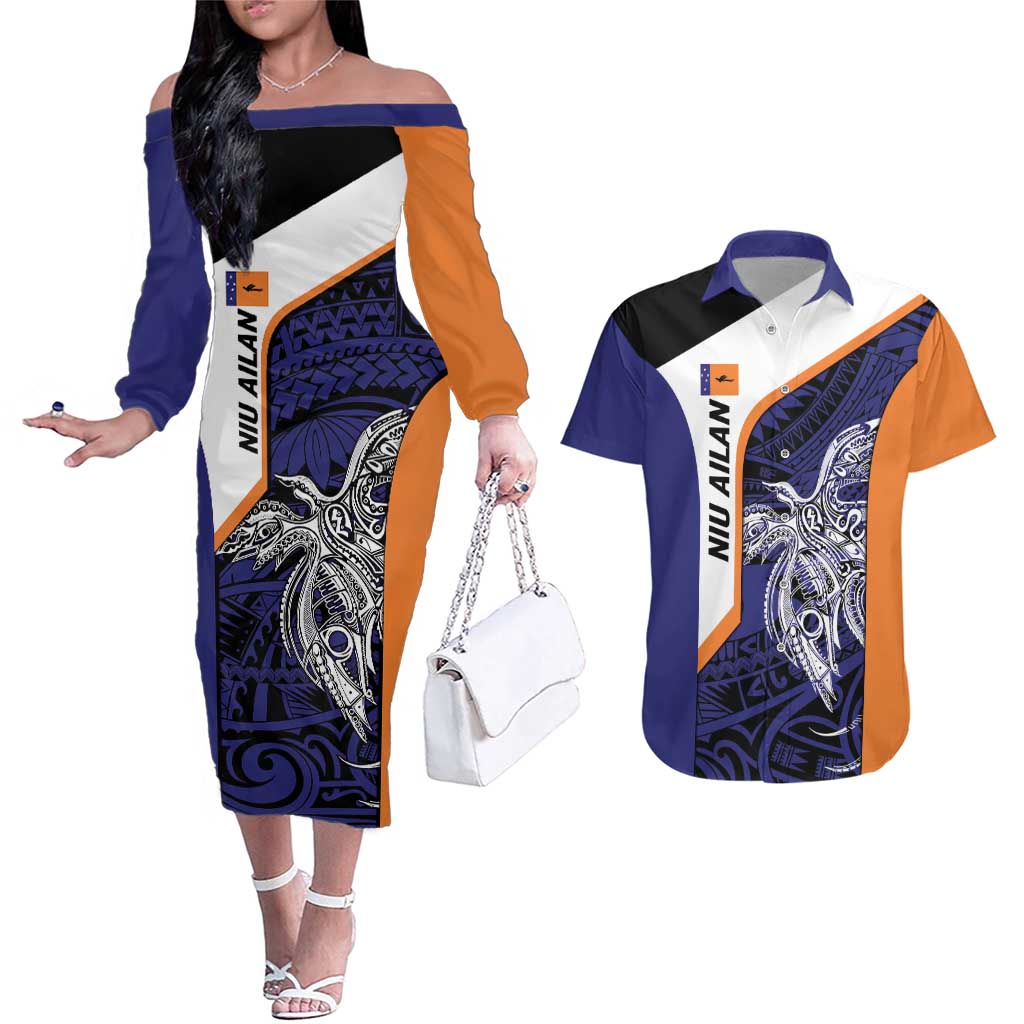 Personalised PNG New Ireland Couples Matching Off The Shoulder Long Sleeve Dress and Hawaiian Shirt Bird of Paradise Tattoo Flag Motif - Polynesian Pride