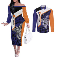 Personalised PNG New Ireland Couples Matching Off The Shoulder Long Sleeve Dress and Long Sleeve Button Shirt Bird of Paradise Tattoo Flag Motif - Polynesian Pride