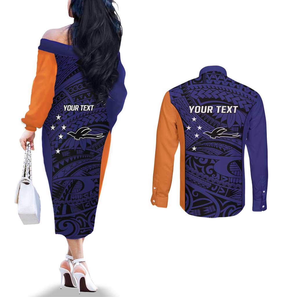 Personalised PNG New Ireland Couples Matching Off The Shoulder Long Sleeve Dress and Long Sleeve Button Shirt Bird of Paradise Tattoo Flag Motif - Polynesian Pride