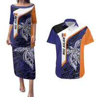 Personalised PNG New Ireland Couples Matching Puletasi and Hawaiian Shirt Bird of Paradise Tattoo Flag Motif - Polynesian Pride