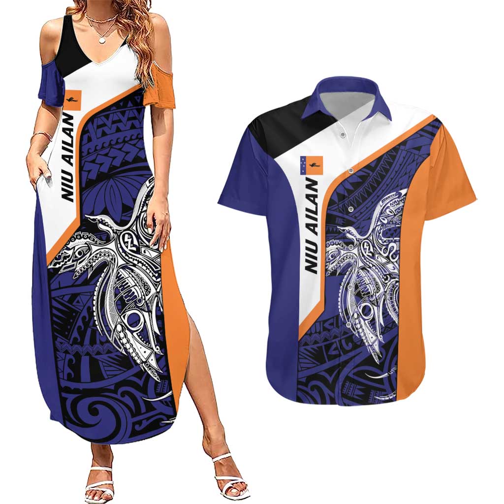 Personalised PNG New Ireland Couples Matching Summer Maxi Dress and Hawaiian Shirt Bird of Paradise Tattoo Flag Motif - Polynesian Pride