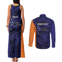 Personalised PNG New Ireland Couples Matching Tank Maxi Dress and Long Sleeve Button Shirt Bird of Paradise Tattoo Flag Motif - Polynesian Pride