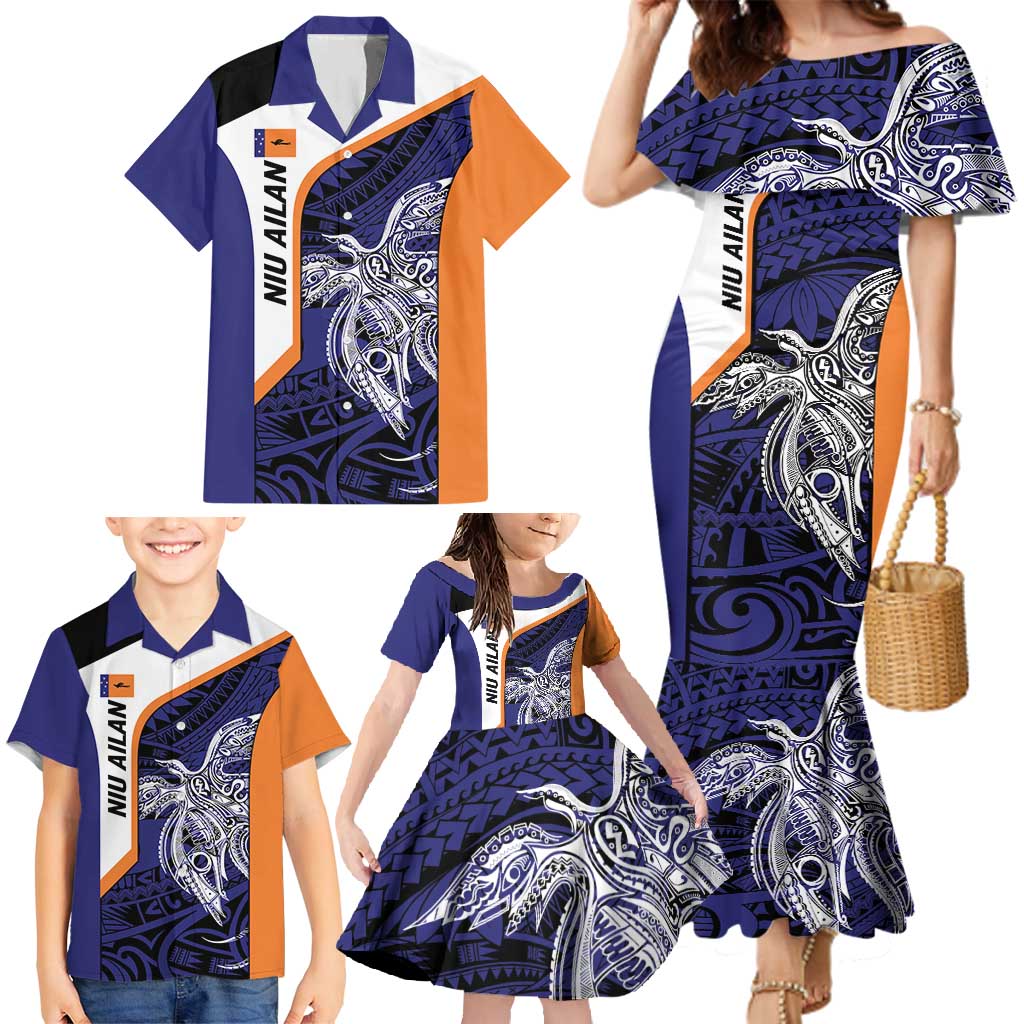 Personalised PNG New Ireland Family Matching Mermaid Dress and Hawaiian Shirt Bird of Paradise Tattoo Flag Motif - Polynesian Pride