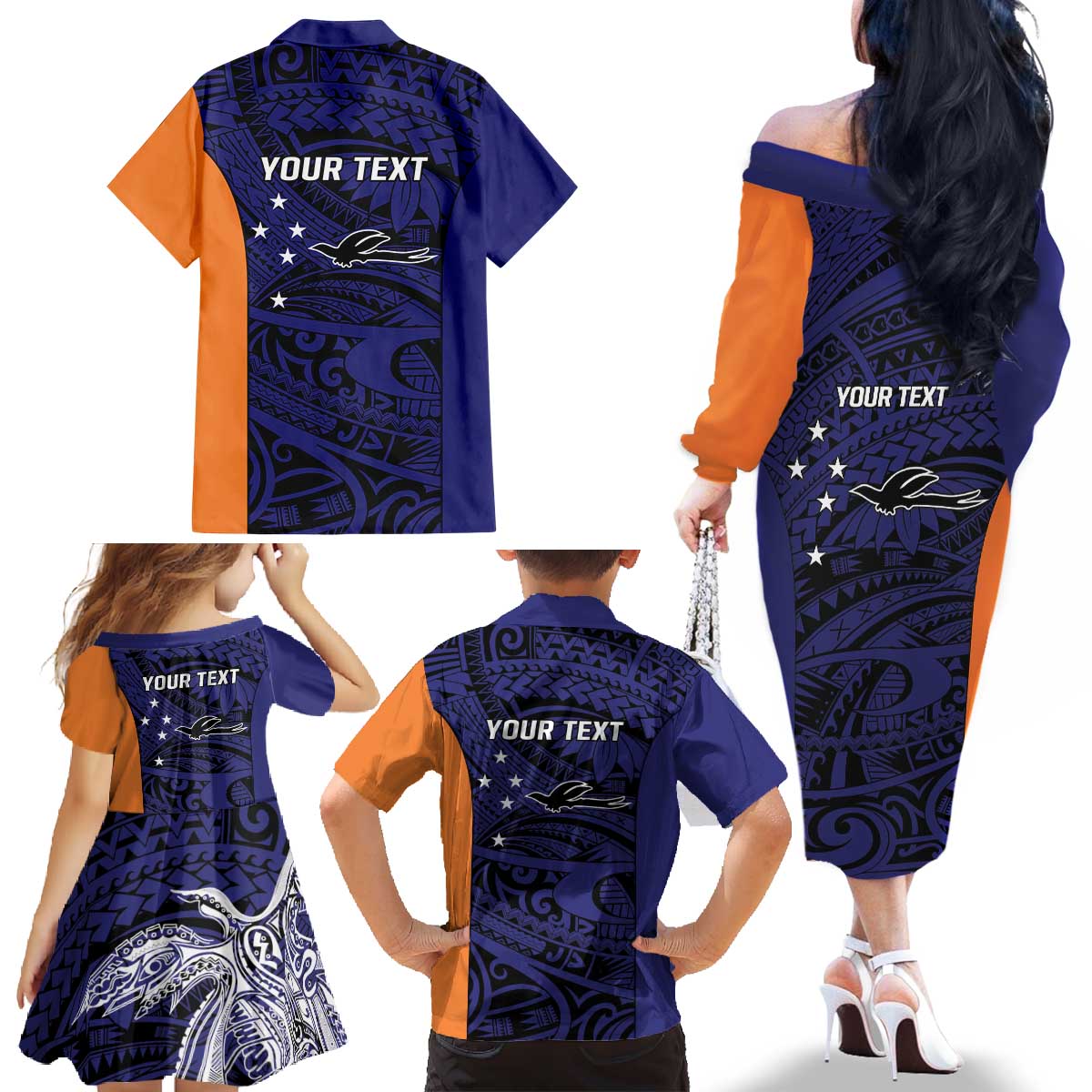Personalised PNG New Ireland Family Matching Off The Shoulder Long Sleeve Dress and Hawaiian Shirt Bird of Paradise Tattoo Flag Motif - Polynesian Pride
