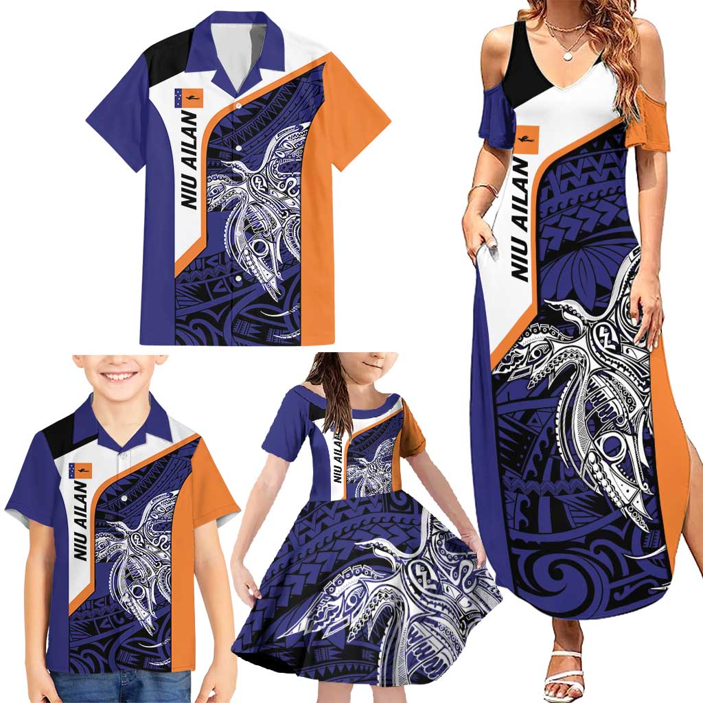 Personalised PNG New Ireland Family Matching Summer Maxi Dress and Hawaiian Shirt Bird of Paradise Tattoo Flag Motif - Polynesian Pride