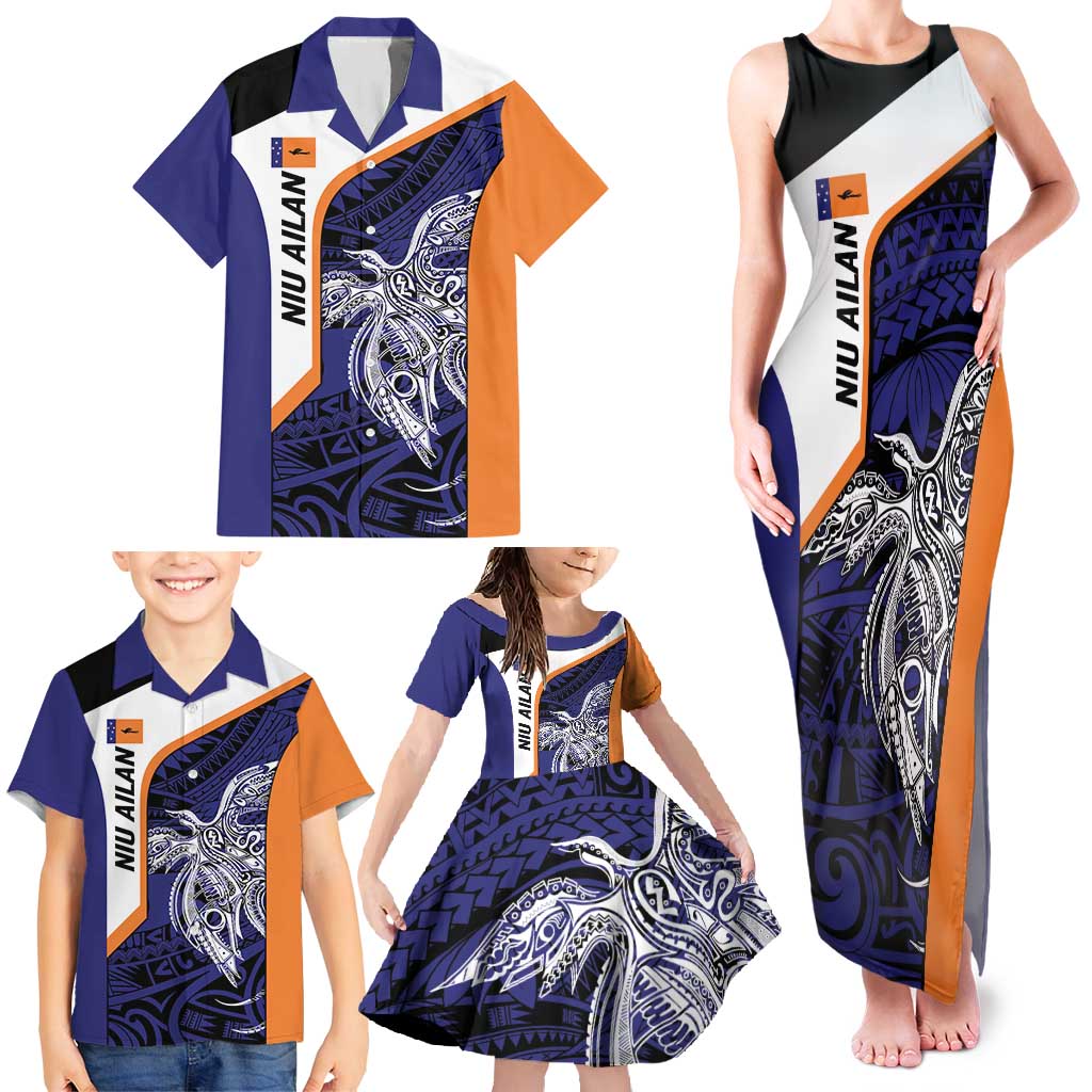 Personalised PNG New Ireland Family Matching Tank Maxi Dress and Hawaiian Shirt Bird of Paradise Tattoo Flag Motif - Polynesian Pride