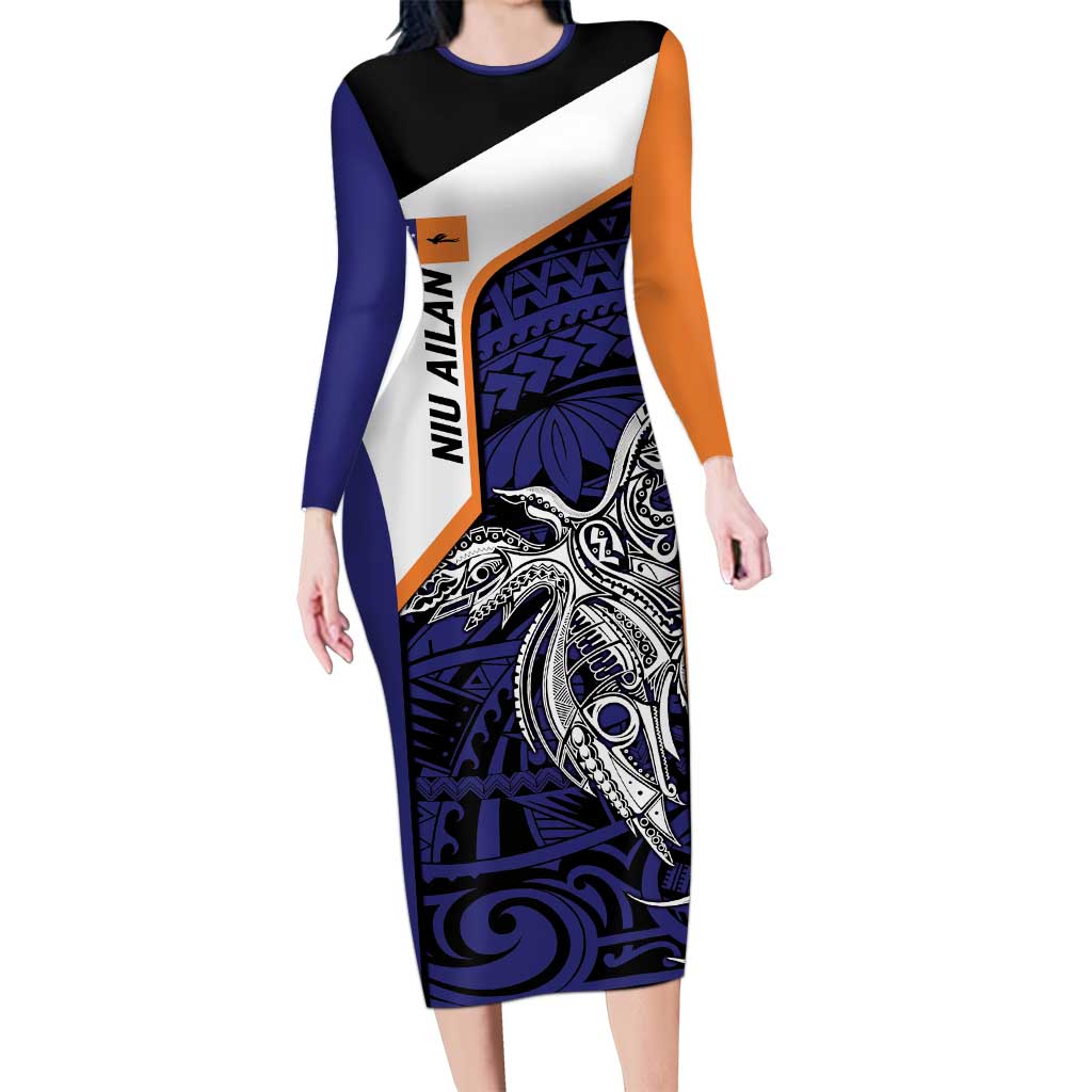 Personalised PNG New Ireland Long Sleeve Bodycon Dress Bird of Paradise Tattoo Flag Motif - Polynesian Pride