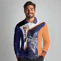 Personalised PNG New Ireland Long Sleeve Polo Shirt Bird of Paradise Tattoo Flag Motif - Polynesian Pride