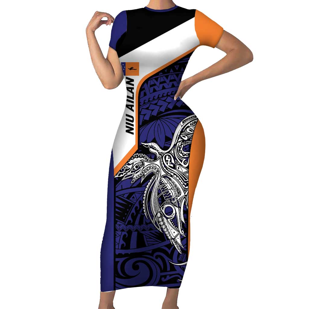 Personalised PNG New Ireland Short Sleeve Bodycon Dress Bird of Paradise Tattoo Flag Motif LT9 Long Dress Orange - Polynesian Pride