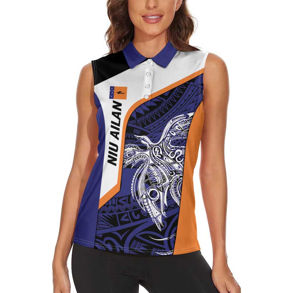 Personalised PNG New Ireland Women Sleeveless Polo Shirt Bird of Paradise Tattoo Flag Motif - Polynesian Pride