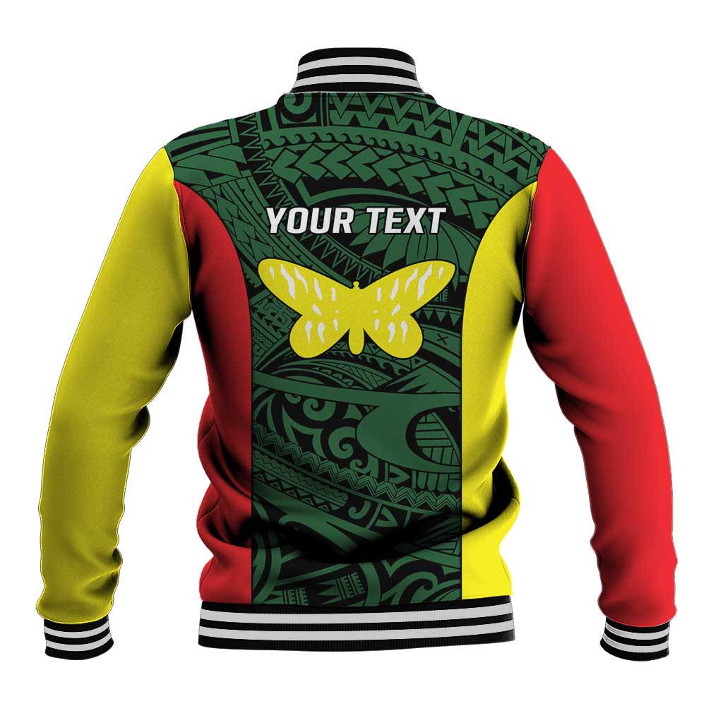 Personalised PNG Oro Province Baseball Jacket Bird of Paradise Tattoo Flag Motif - Polynesian Pride