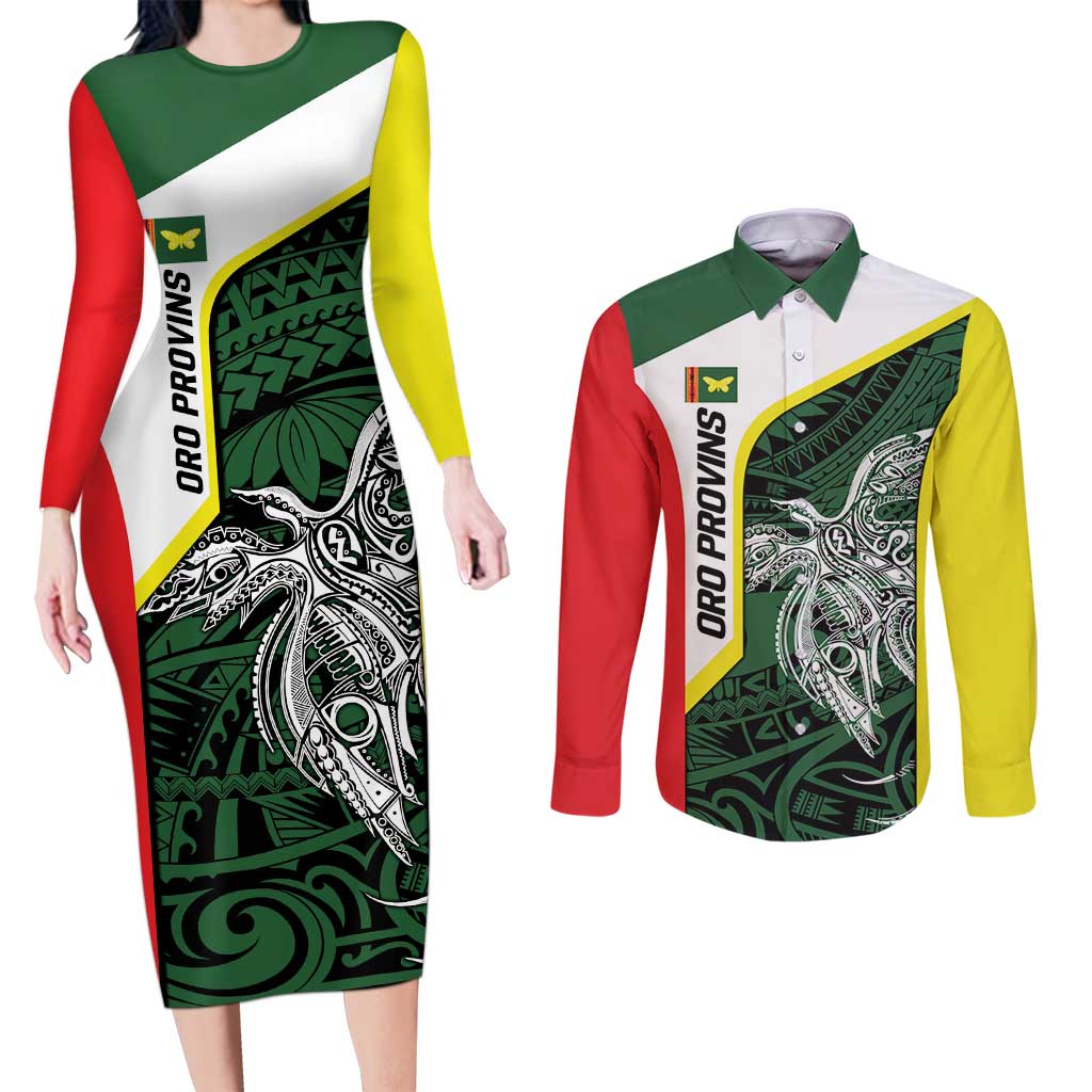 Personalised PNG Oro Province Couples Matching Long Sleeve Bodycon Dress and Long Sleeve Button Shirt Bird of Paradise Tattoo Flag Motif - Polynesian Pride