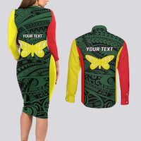 Personalised PNG Oro Province Couples Matching Long Sleeve Bodycon Dress and Long Sleeve Button Shirt Bird of Paradise Tattoo Flag Motif - Polynesian Pride