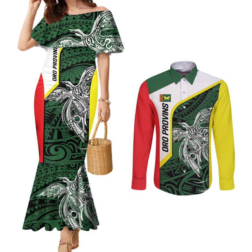 Personalised PNG Oro Province Couples Matching Mermaid Dress and Long Sleeve Button Shirt Bird of Paradise Tattoo Flag Motif - Polynesian Pride