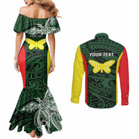 Personalised PNG Oro Province Couples Matching Mermaid Dress and Long Sleeve Button Shirt Bird of Paradise Tattoo Flag Motif - Polynesian Pride