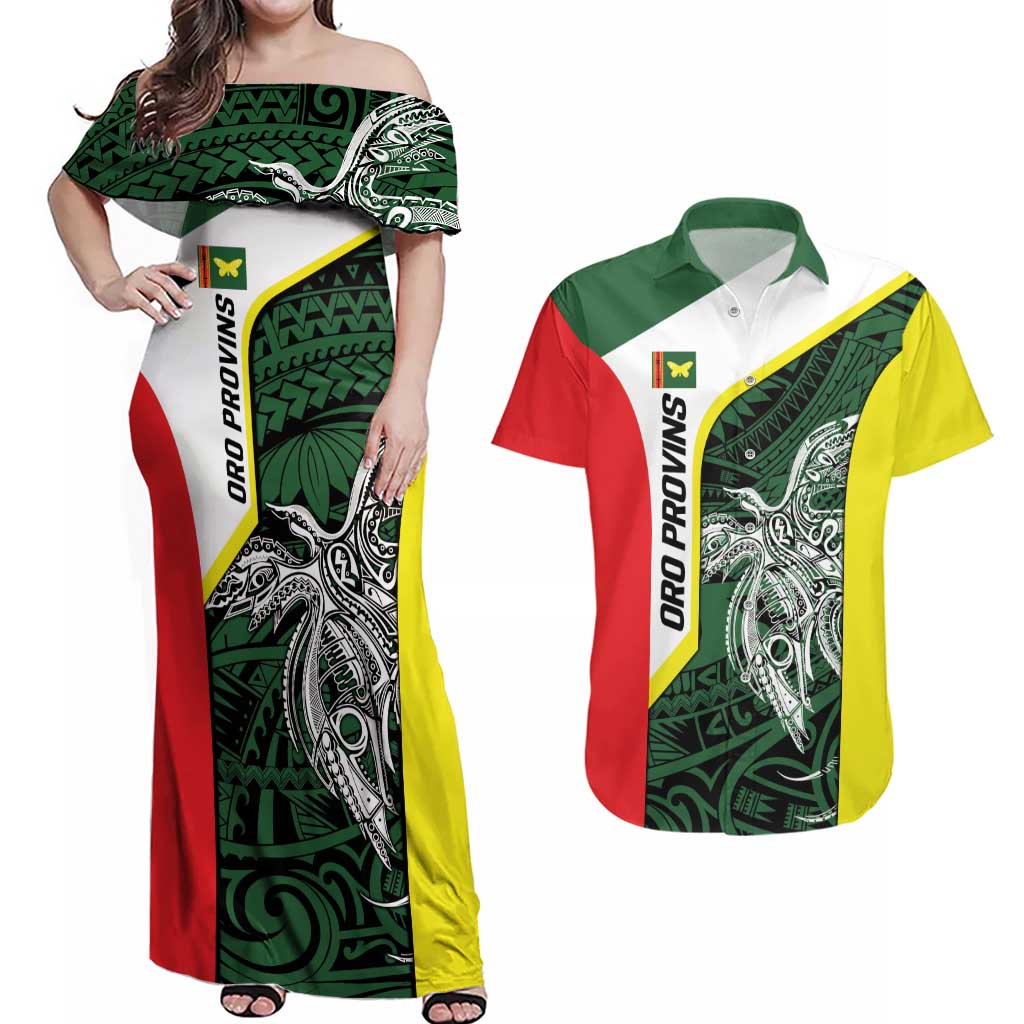 Personalised PNG Oro Province Couples Matching Off Shoulder Maxi Dress and Hawaiian Shirt Bird of Paradise Tattoo Flag Motif - Polynesian Pride