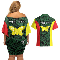 Personalised PNG Oro Province Couples Matching Off Shoulder Short Dress and Hawaiian Shirt Bird of Paradise Tattoo Flag Motif - Polynesian Pride