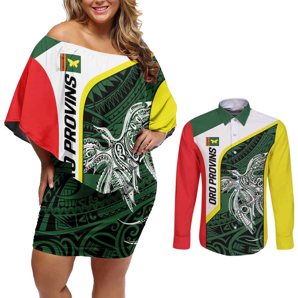 Personalised PNG Oro Province Couples Matching Off Shoulder Short Dress and Long Sleeve Button Shirt Bird of Paradise Tattoo Flag Motif - Polynesian Pride