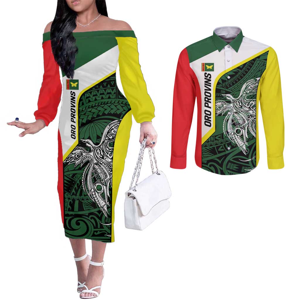 Personalised PNG Oro Province Couples Matching Off The Shoulder Long Sleeve Dress and Long Sleeve Button Shirt Bird of Paradise Tattoo Flag Motif - Polynesian Pride