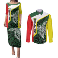 Personalised PNG Oro Province Couples Matching Puletasi and Long Sleeve Button Shirt Bird of Paradise Tattoo Flag Motif - Polynesian Pride