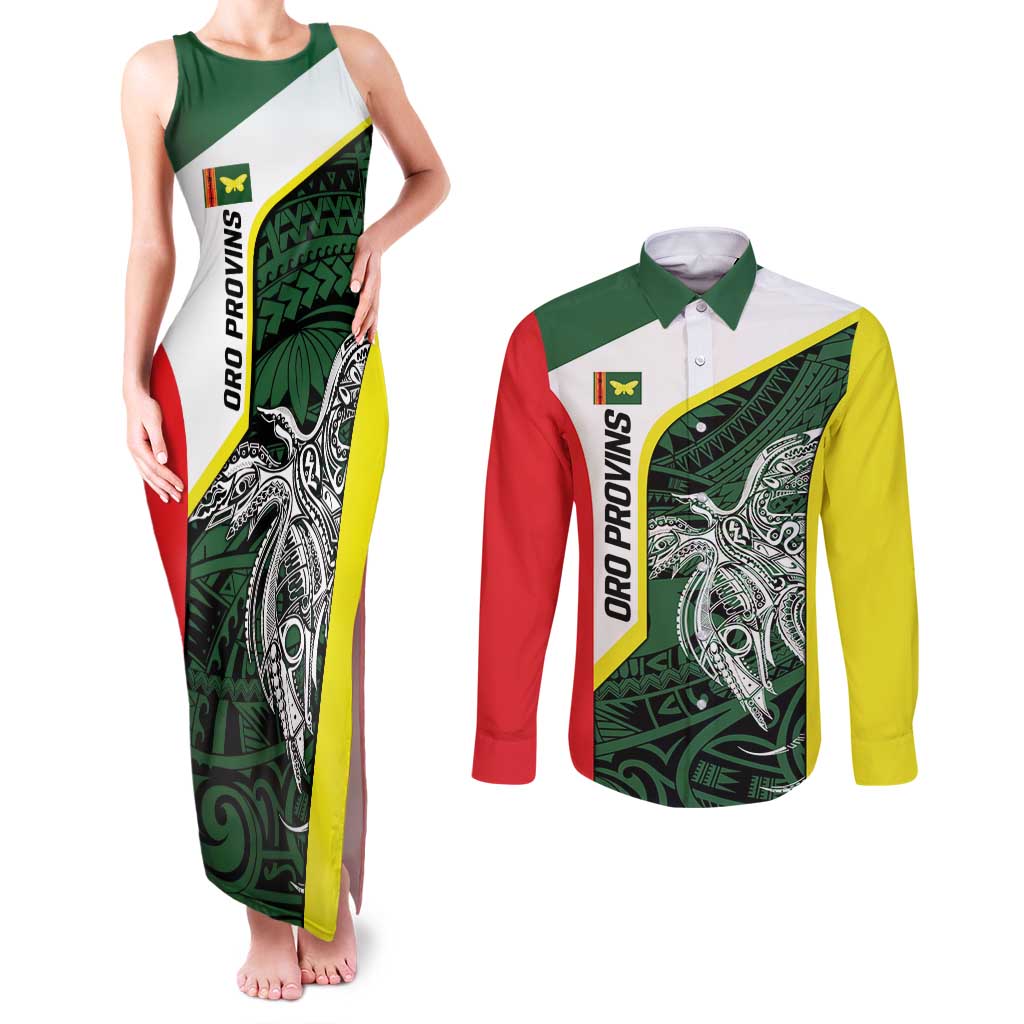 Personalised PNG Oro Province Couples Matching Tank Maxi Dress and Long Sleeve Button Shirt Bird of Paradise Tattoo Flag Motif - Polynesian Pride