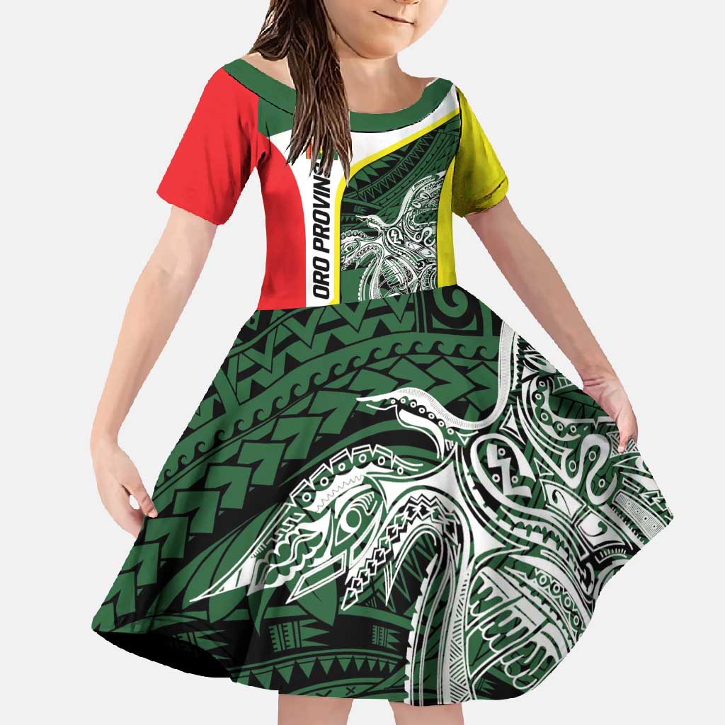 Personalised PNG Oro Province Family Matching Long Sleeve Bodycon Dress and Hawaiian Shirt Bird of Paradise Tattoo Flag Motif LT9 Daughter's Dress Green - Polynesian Pride
