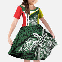 Personalised PNG Oro Province Family Matching Long Sleeve Bodycon Dress and Hawaiian Shirt Bird of Paradise Tattoo Flag Motif LT9 Daughter's Dress Green - Polynesian Pride
