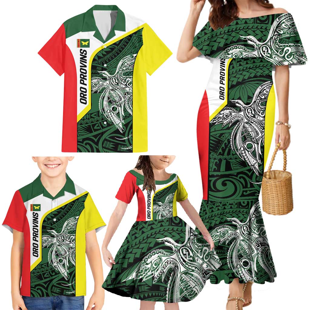 Personalised PNG Oro Province Family Matching Mermaid Dress and Hawaiian Shirt Bird of Paradise Tattoo Flag Motif - Polynesian Pride