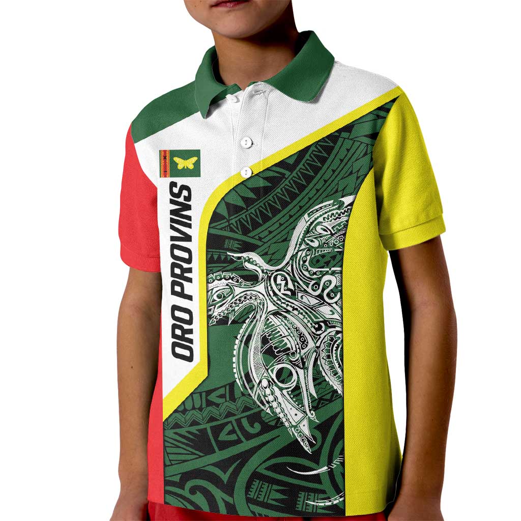 Personalised PNG Oro Province Kid Polo Shirt Bird of Paradise Tattoo Flag Motif - Polynesian Pride